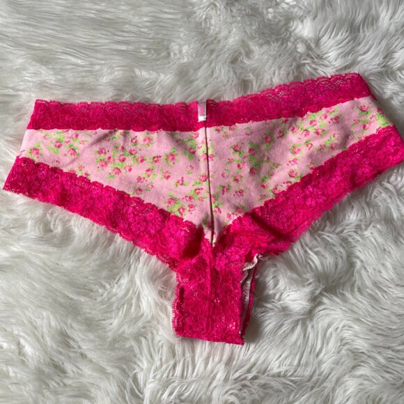 NWOT PINK Victoria's Secret X-Low Rise Cheeky Pink Floral Rose Print Lace Trim L - Picture 7 of 8